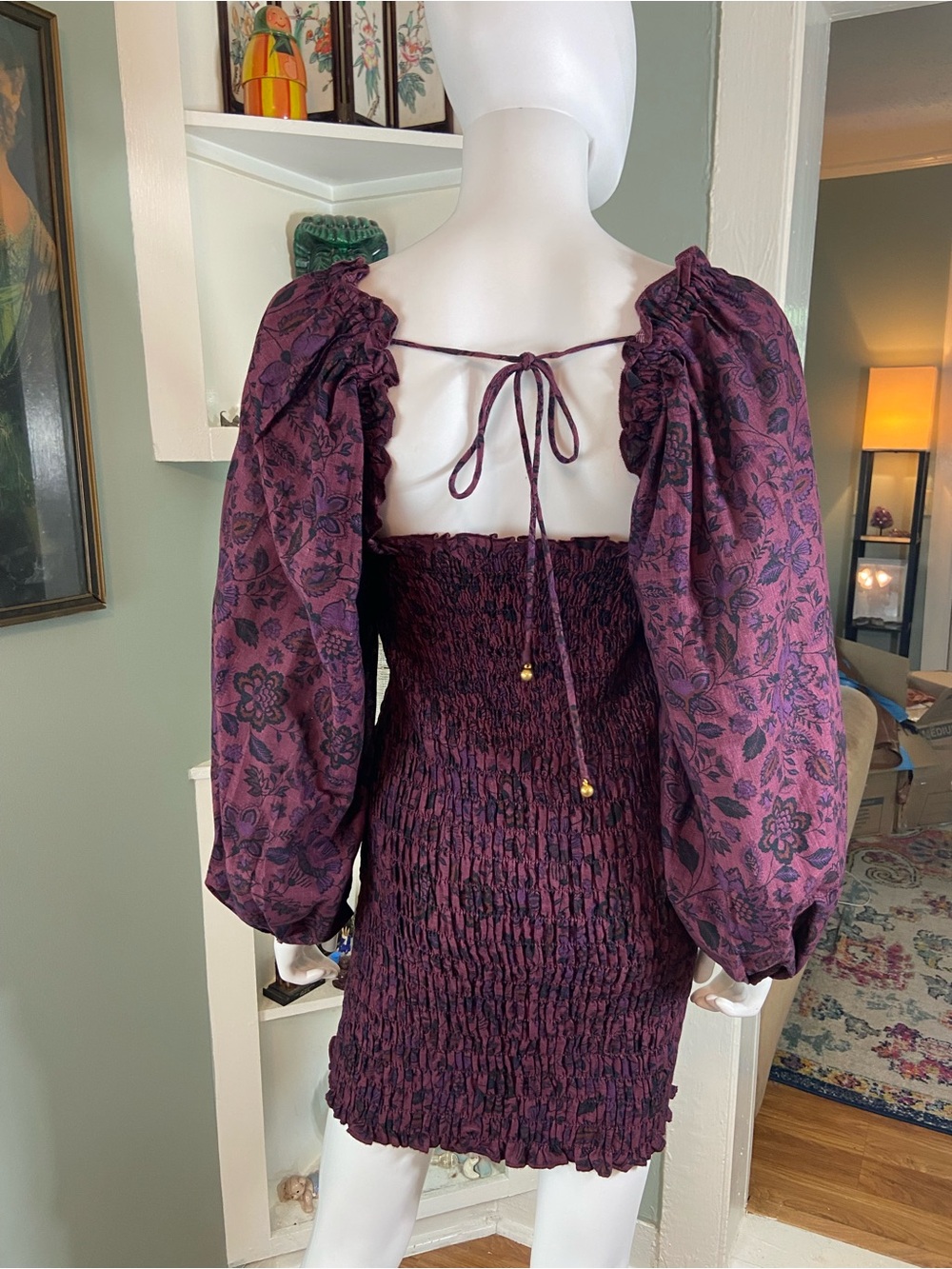 Free People Smock It Too Me Smocked Mini Dress Balloon Sleeves Bodycon Small S - Picture 8 of 14